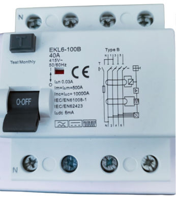 2P / 4P 40A RCCB เซอร์กิตเบรกเกอร์ AC 30mA อายุการใช้งานไฟฟ้า 2000 รอบ